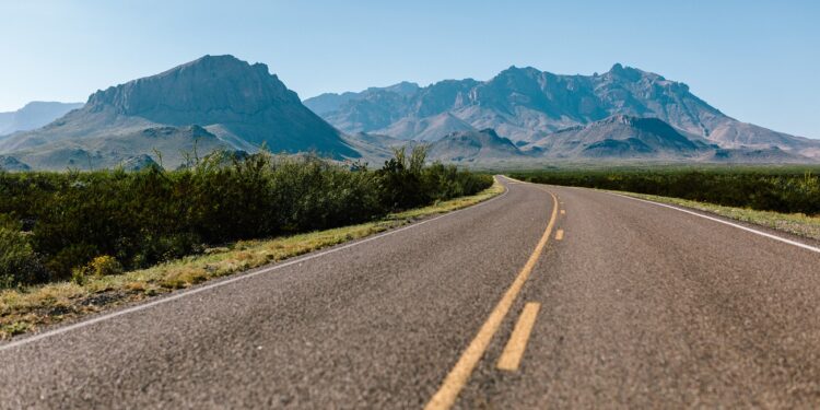 A beautiful shot of an empty road in the middle of plants and mountains in the distance with a clear sky in the background