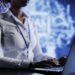 Certified technician developing artificial intelligence neural networks nodes modeled after human brain. Experienced worker setting up AI machine learning accurately making predictions using data
