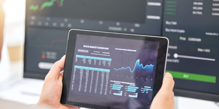 Tablet in hands, graphs and stock market with fintech and trading, investment and financial stats o.