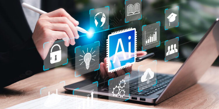 Business and AI, Artificial intelligence technology, and daily life, World technology concept, Businesswomen use laptops with AI application, Modern thinking with technology Help solve work problems.