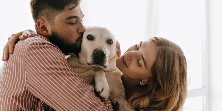 Romantic couple in good mood plays and hugs white dog. Man kisses his labrador against window