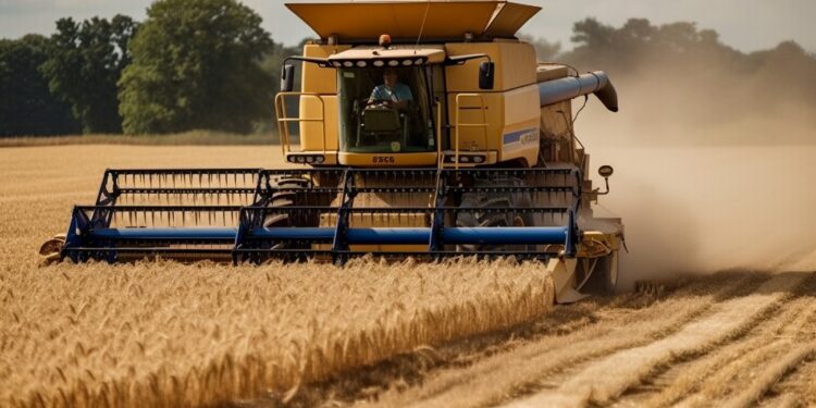 Ripe wheat cutting with heavy machinery outdoors generated by artificial intelligence