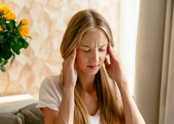 Headache of woman, head pain and stress or depression concept.