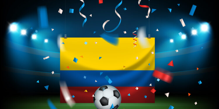 Football stadium with the ball and the flag. Columbia wins