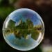 A soft focus of a bubble with reflection of city buildings and trees on it