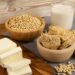 Soy food collection with dry soy meat, soybeans, soy milk and tofu on rustic background. Soy products mix