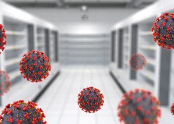3D render of an interior of a supermarket with empty shelves and Covid 19 virus cells