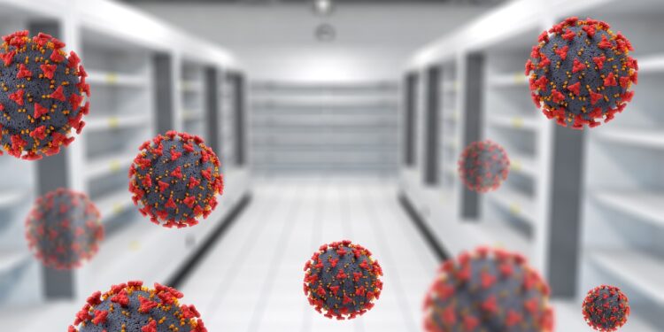 3D render of an interior of a supermarket with empty shelves and Covid 19 virus cells