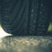 Modern Car Tire on the Road Closeup Photo. Summer Season Pneumatic Tire on a Paved Road.