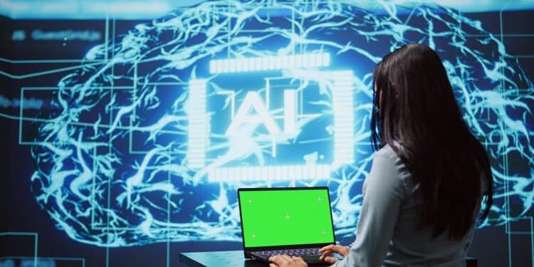 IT specialist using green screen laptop and AI technology for business data analysis in high tech setting. Engineer works on mockup notebook to automatize tasks using artificial intelligence, camera B