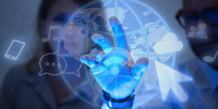 Business people browsing the web on a screen