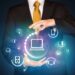 Businessman holding digital media icons