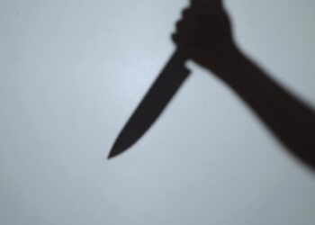 The shadow of a murderer kills his victim with a knife at night.