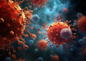 Viruses highlighted by blue and red hues float in  cellular space.