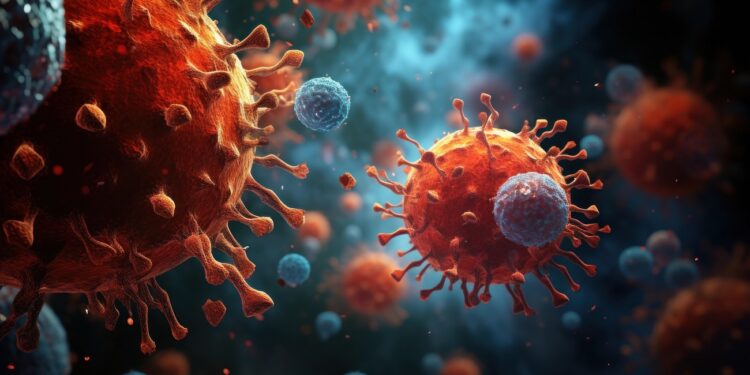 Viruses highlighted by blue and red hues float in cellular space.