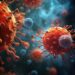 Viruses highlighted by blue and red hues float in  cellular space.