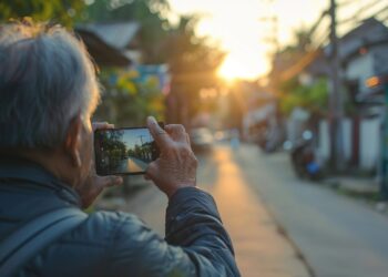 Realistic photograph of a 68-year-old Asian man, taking a picture of a quiet village street with his smartphone. Wide-angle shot, full body. Beautiful sunset photography, soft focus. f 1.8 --ar 3:2 --style raw Job ID: 5fc55405-d034-4156-815a-ee49e5e5557e