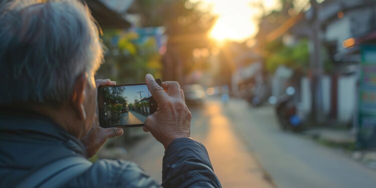 Realistic photograph of a 68-year-old Asian man, taking a picture of a quiet village street with his smartphone. Wide-angle shot, full body. Beautiful sunset photography, soft focus. f 1.8 --ar 3:2 --style raw Job ID: 5fc55405-d034-4156-815a-ee49e5e5557e