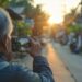 Realistic photograph of a 68-year-old Asian man, taking a picture of a quiet village street with his smartphone. Wide-angle shot, full body. Beautiful sunset photography, soft focus. f 1.8 --ar 3:2 --style raw Job ID: 5fc55405-d034-4156-815a-ee49e5e5557e