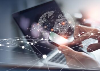 Digital technology, internet network connection, big data, digital marketing IoT internet of things. Woman using mobile phone and laptop computer surfing internet, innovative technology background