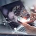 Digital technology, internet network connection, big data, digital marketing IoT internet of things. Woman using mobile phone and laptop computer surfing internet, innovative technology background