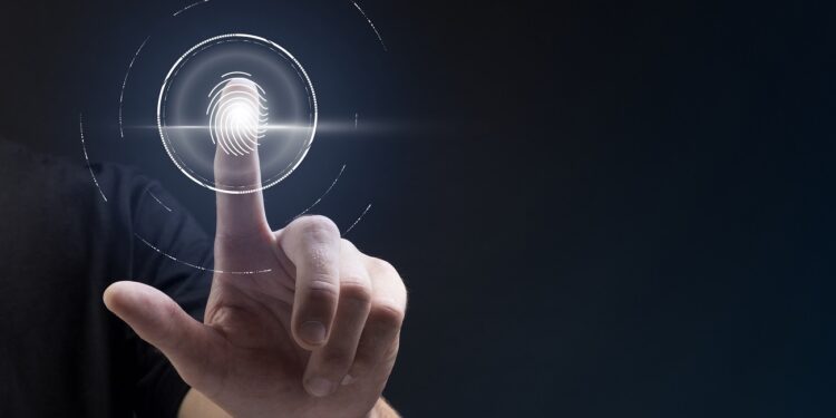 Biometric technology background with fingerprint scanning system on virtual screen digital remix