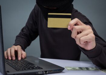 thieves hold credit cards using a laptop computer for password h