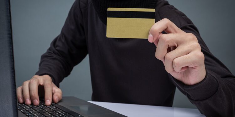 thieves hold credit cards using a laptop computer for password h