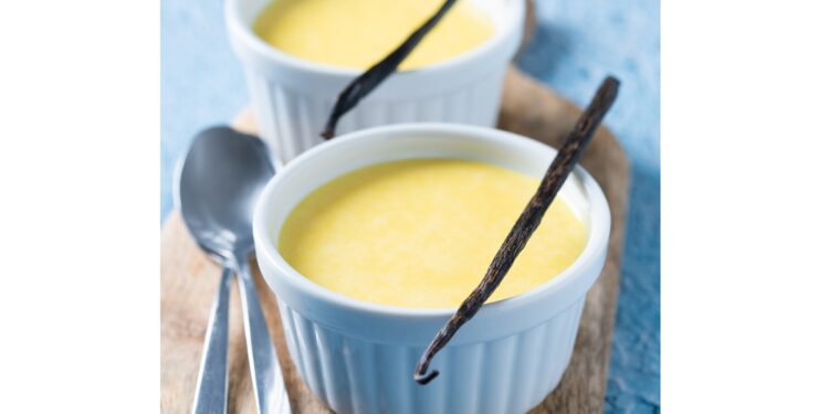 homemade vanilla custard on blue background