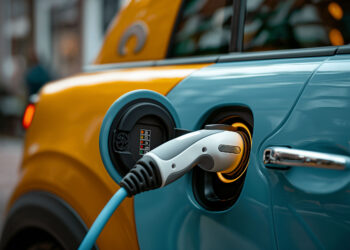 an orange and blue electric car charging on a street, themes of green and eco friendly energy alternatives for vehicles and co2 emission reduction.