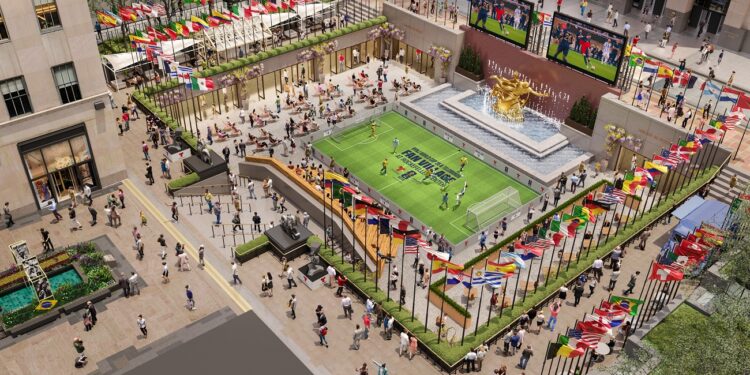 rendering new york new jersey world cup 26 & telemundo fan village at rockefeller center courtesy rockefeller center