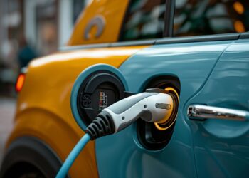 an orange and blue electric car charging on a street, themes of green and eco friendly energy alternatives for vehicles and co2 emission reduction.