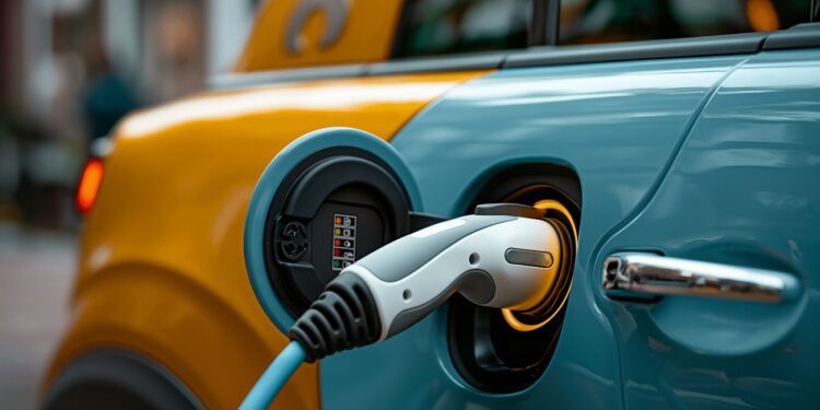 an orange and blue electric car charging on a street, themes of green and eco friendly energy alternatives for vehicles and co2 emission reduction.