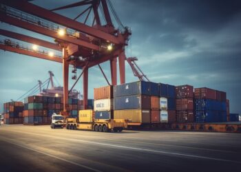 logistics and transportation of container cargo ship and cargo plane with working crane bridge in shipyard at sunrise, logistic import export and transport industry background. ai generative