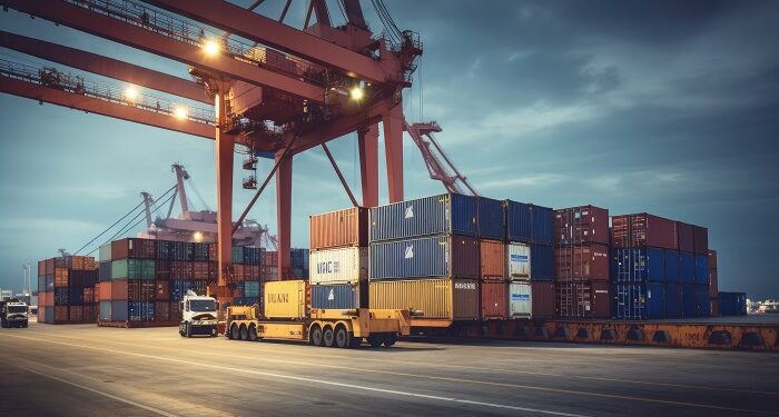 logistics and transportation of container cargo ship and cargo plane with working crane bridge in shipyard at sunrise, logistic import export and transport industry background. ai generative