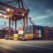 logistics and transportation of container cargo ship and cargo plane with working crane bridge in shipyard at sunrise, logistic import export and transport industry background. ai generative