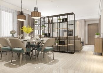 3d rendering loft luxury living room with shelf near dining table