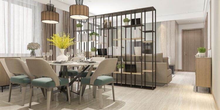 3d rendering loft luxury living room with shelf near dining table