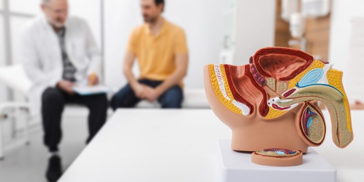 consultation of urologist for mature male patient with prostatitis. treatment of men's diseases and prostatitis. anatomical model of male reproductive system