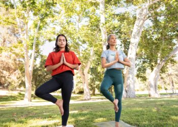 women concentrating during their yoga workout in the park