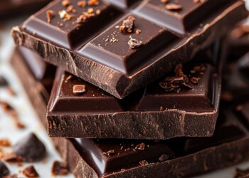 dark chocolate bars stacked on marble with cocoa nibs