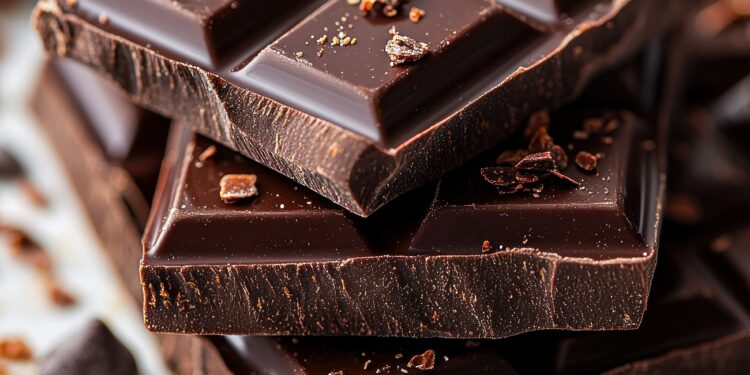 dark chocolate bars stacked on marble with cocoa nibs