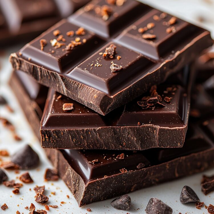 dark chocolate bars stacked on marble with cocoa nibs